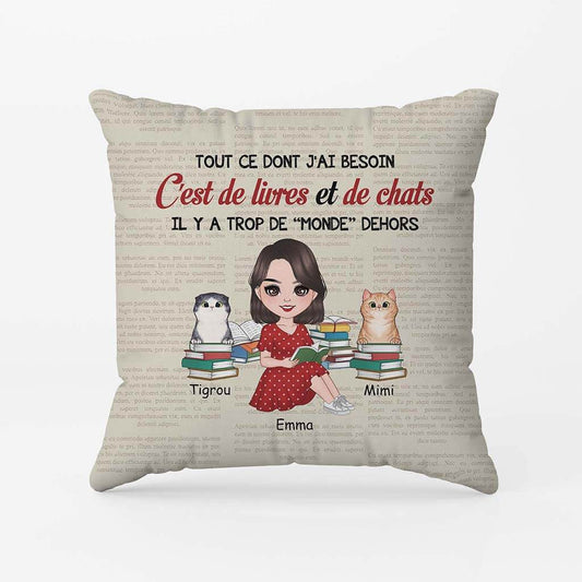 2873PFR1 tout ce dont jai besoin cest de livres et de chats coussin chat personnalise