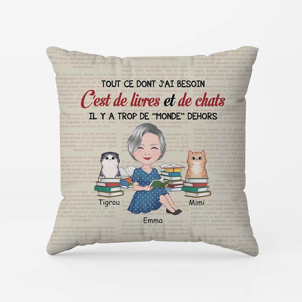 2873PFR2 tout ce dont jai besoin cest de livres et de chats coussin chat personnalise