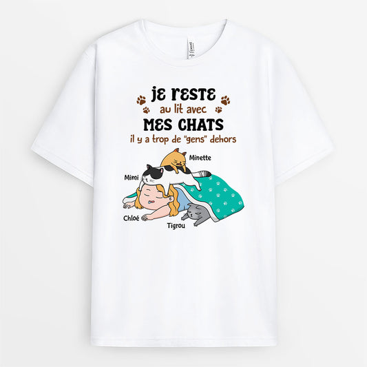 2881AFR1 jaime rester dans mon lit avec mes chats tee shirt avec des chats