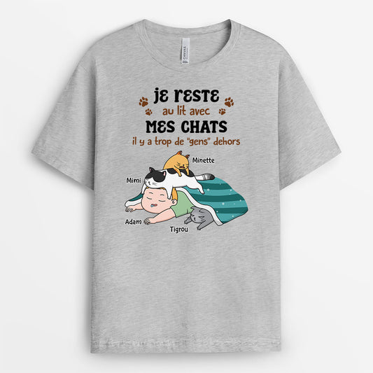 2881AFR2 jaime rester dans mon lit avec mes chats tee shirt avec des chats