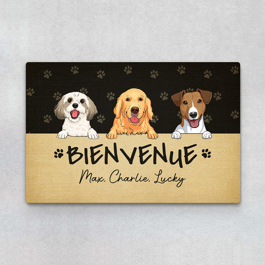 2888DFR1 bienvenue chez les chiens version vintage paillasson chien personnalise