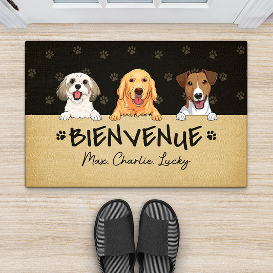 2888DFR2 bienvenue chez les chiens version vintage paillasson chien personnalise