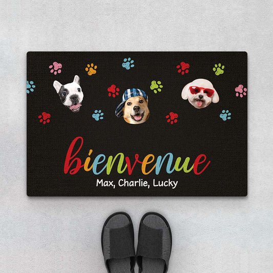 2890DFR1 bienvenue version visages de chiens paillasson personnalisable chien