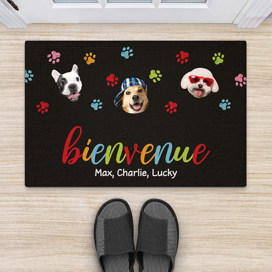 2890DFR2 bienvenue version visages de chiens paillasson personnalisable chien