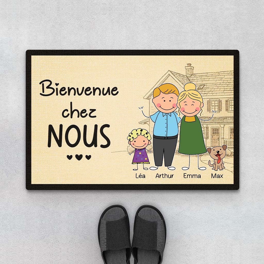 2893DFR1 bienvenue chez nous version dessin paillasson famille personnalisable