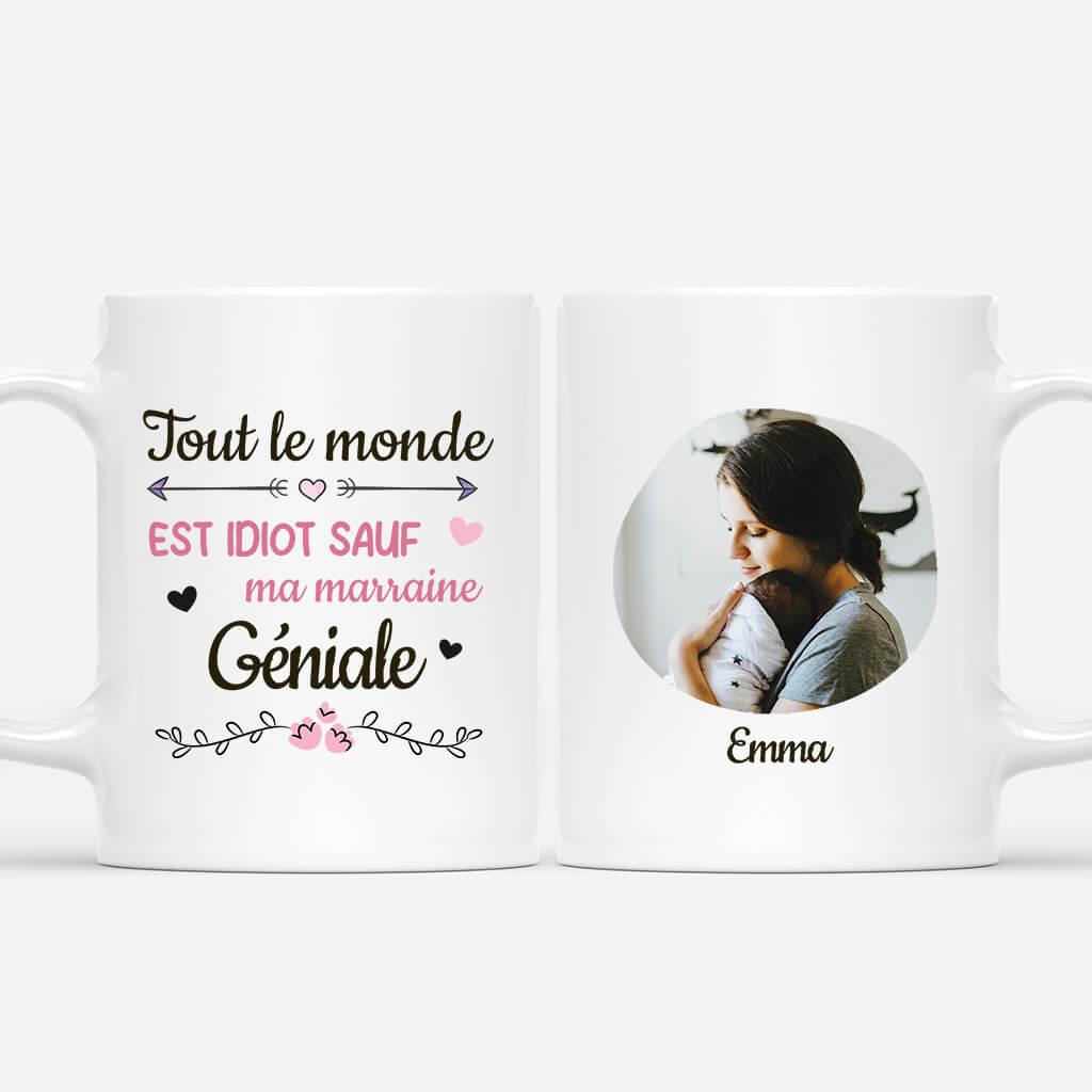 2947MFR1 tout le monde est idiot sauf ma marraine geniale avec photo mug personnalise marraine