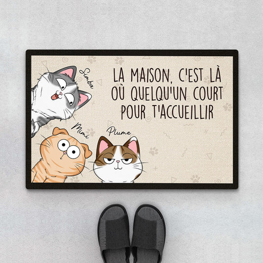 2993DFR1 la maison cest la ou quelquun court pour taccueillir version chat paillasson personnalise avec chat