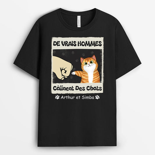 2997AFR1 de vrais hommes calinent des chats tee shirt personnalise chat