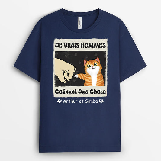 2997AFR2 de vrais hommes calinent des chats tee shirt personnalise chat