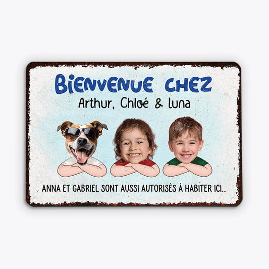 3003EFR1 bienvenue chez nous avec visages amusants plaque de porte personnalisee famille