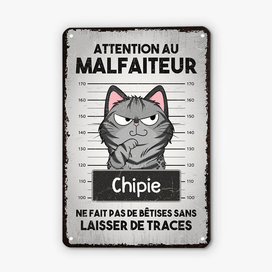 3004EFR1 attention au malfaiteur  plaque en metal pour amoureux des chats