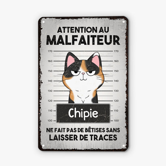 3004EFR2 attention au malfaiteur  plaque en metal pour amoureux des chats