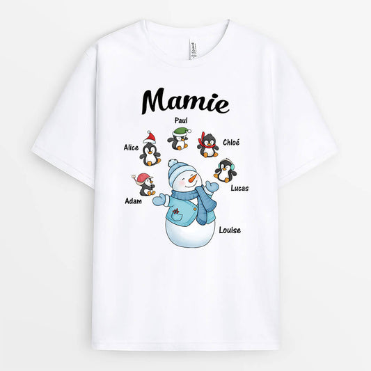 3039AFR1 mamie bonhomme de neige et ses manchots t shirt grand mere pour noel personnalise