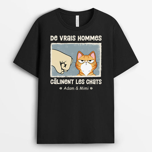 3091AFR1 les vrais hommes calinent des chats malins t shirt personnalise chat