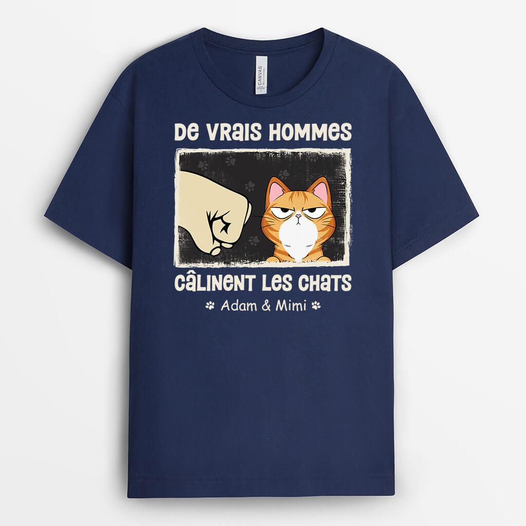 3091AFR2 les vrais hommes calinent des chats malins t shirt personnalise chat