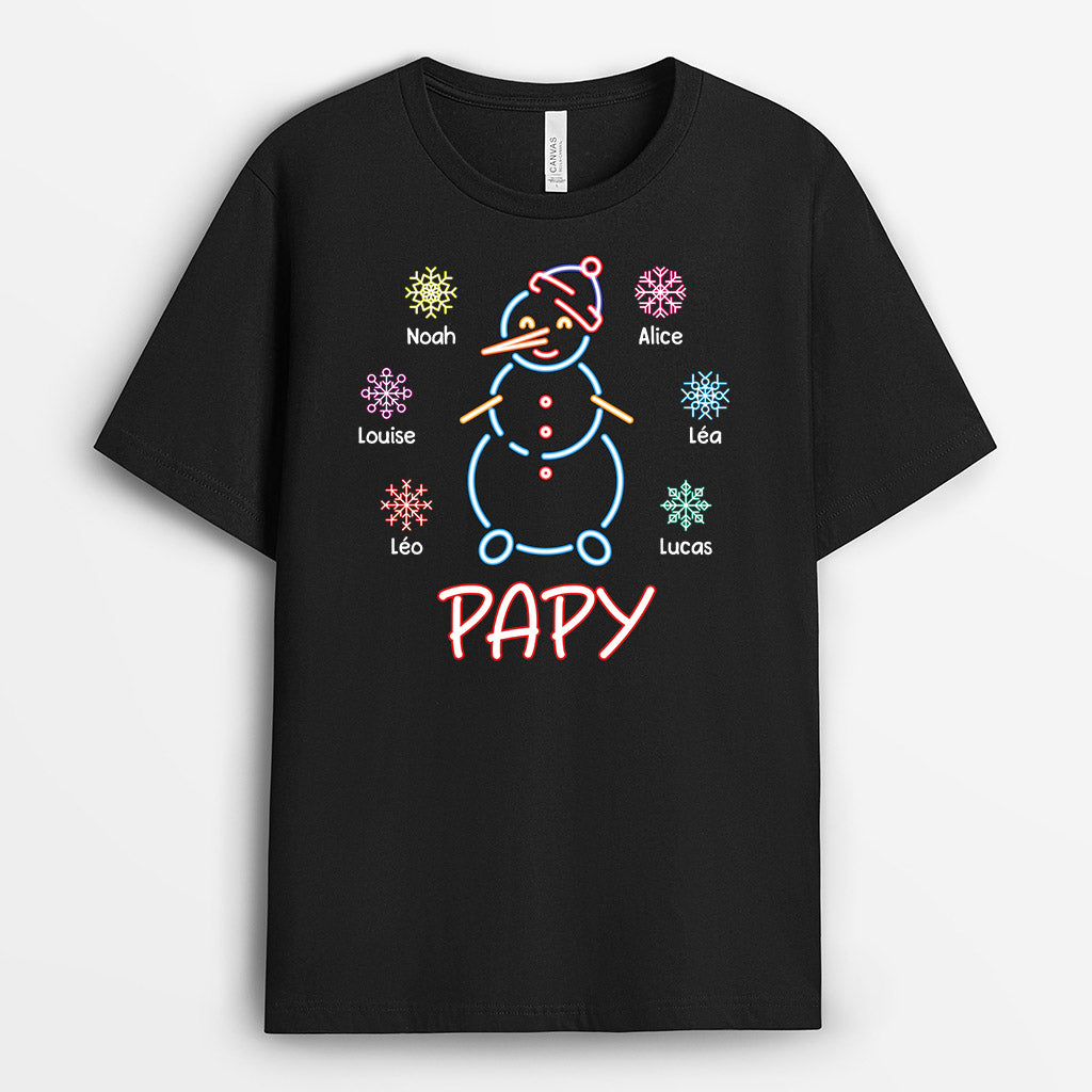 3103AFR1 papy version bonhomme de neige neon avec flocons t shirt personnalise pour papy