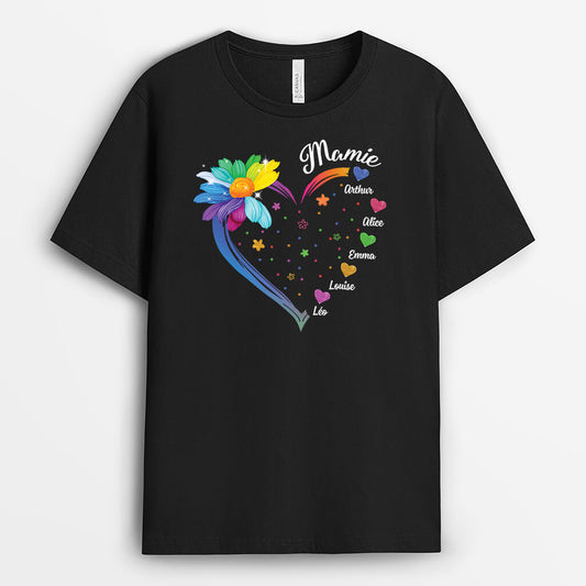 3120AFR2 mamie coeur avec fleurs colorees t shirt personnalise pour mamie