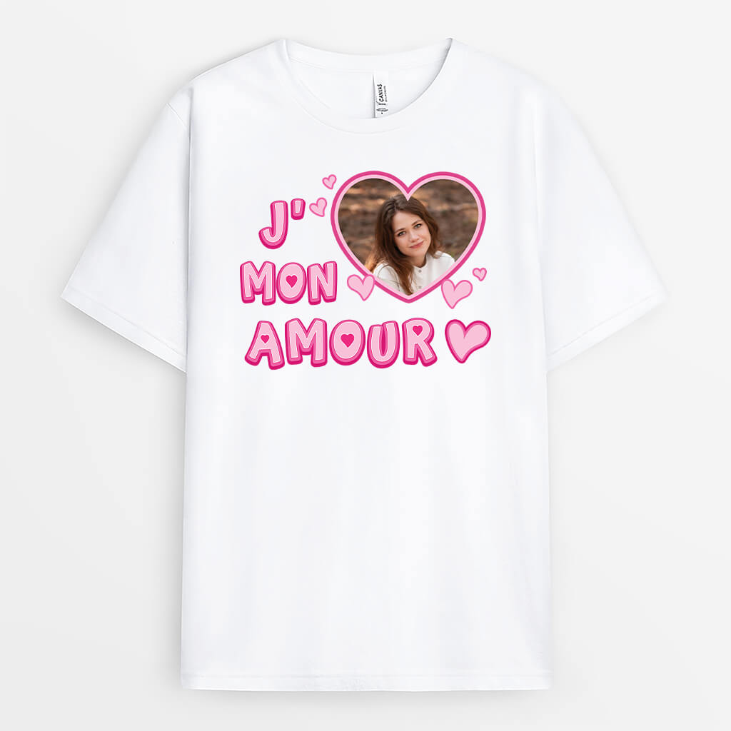 3121AFR1 jaime mon amour avec photo t shirt personnalise pour couple