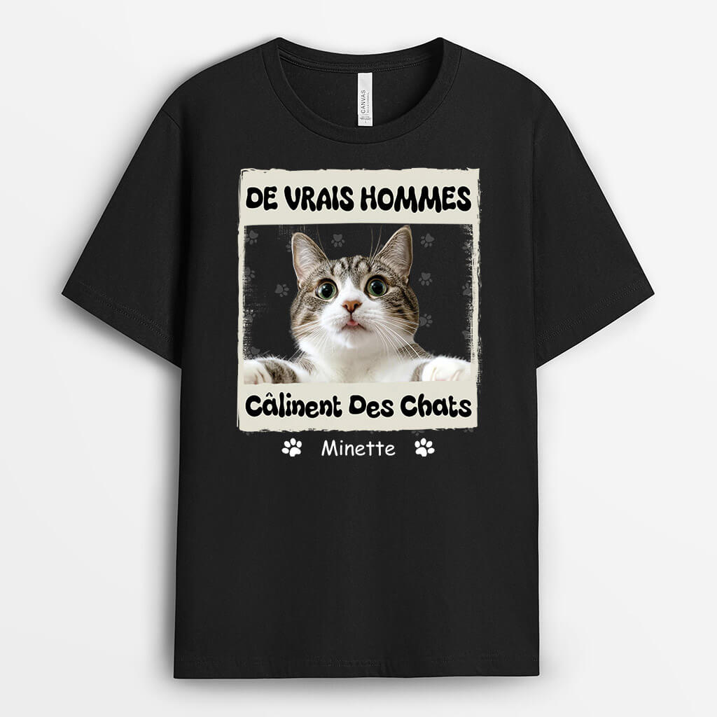 3122AFR1 les vrais hommes calinent des chats avec photo tee shirt chat personnalise