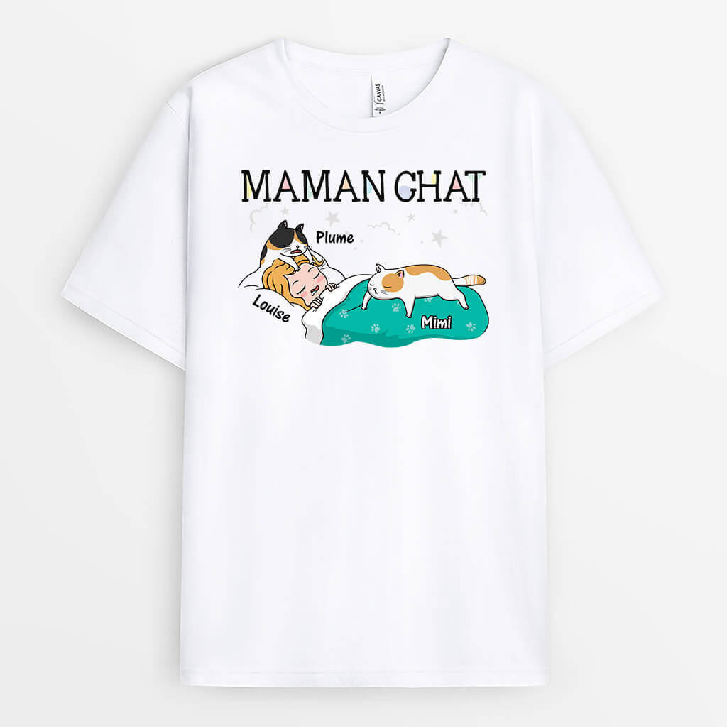 3124AFR1 maman chat ensommeillee avec nuages tee shirt chat personnalise