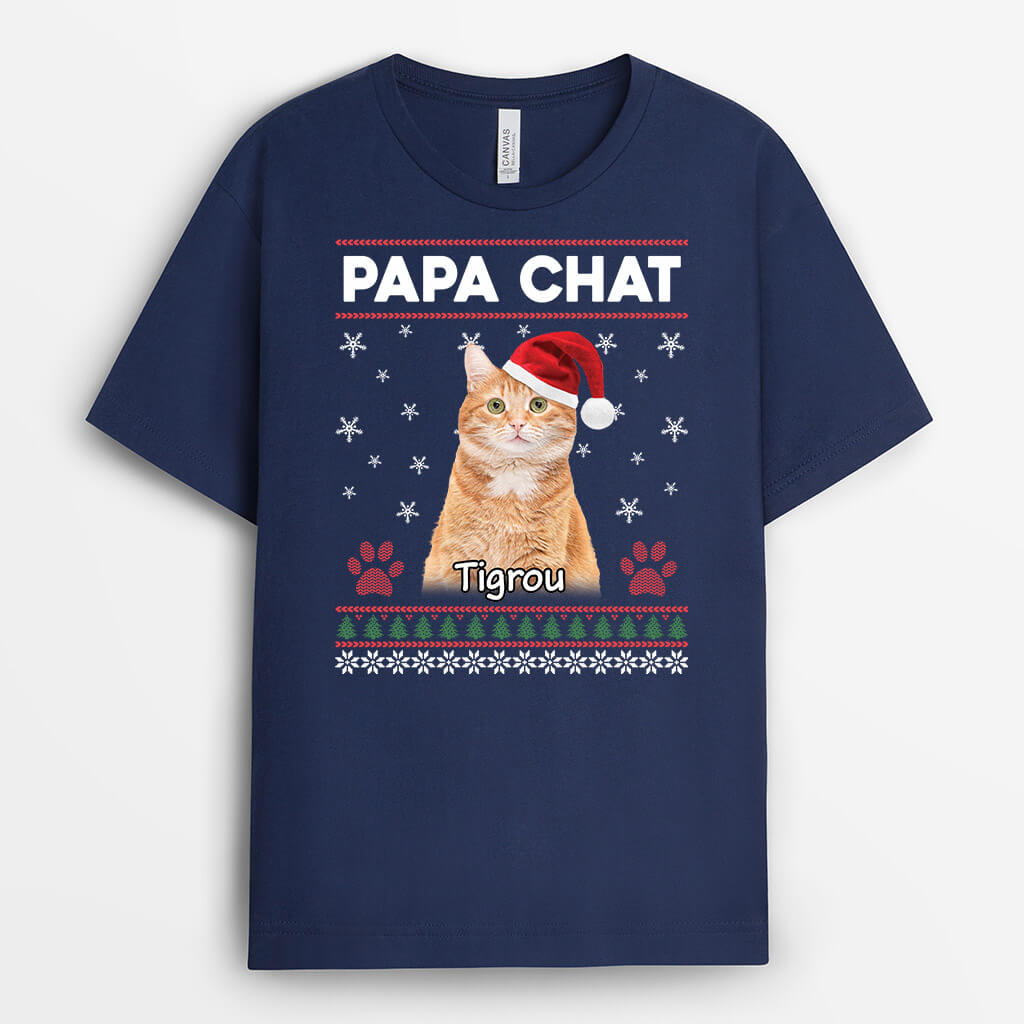 3126AFR1 maman chat motifs de noel avec photo de chat tee shirt personnalise chat pour noel