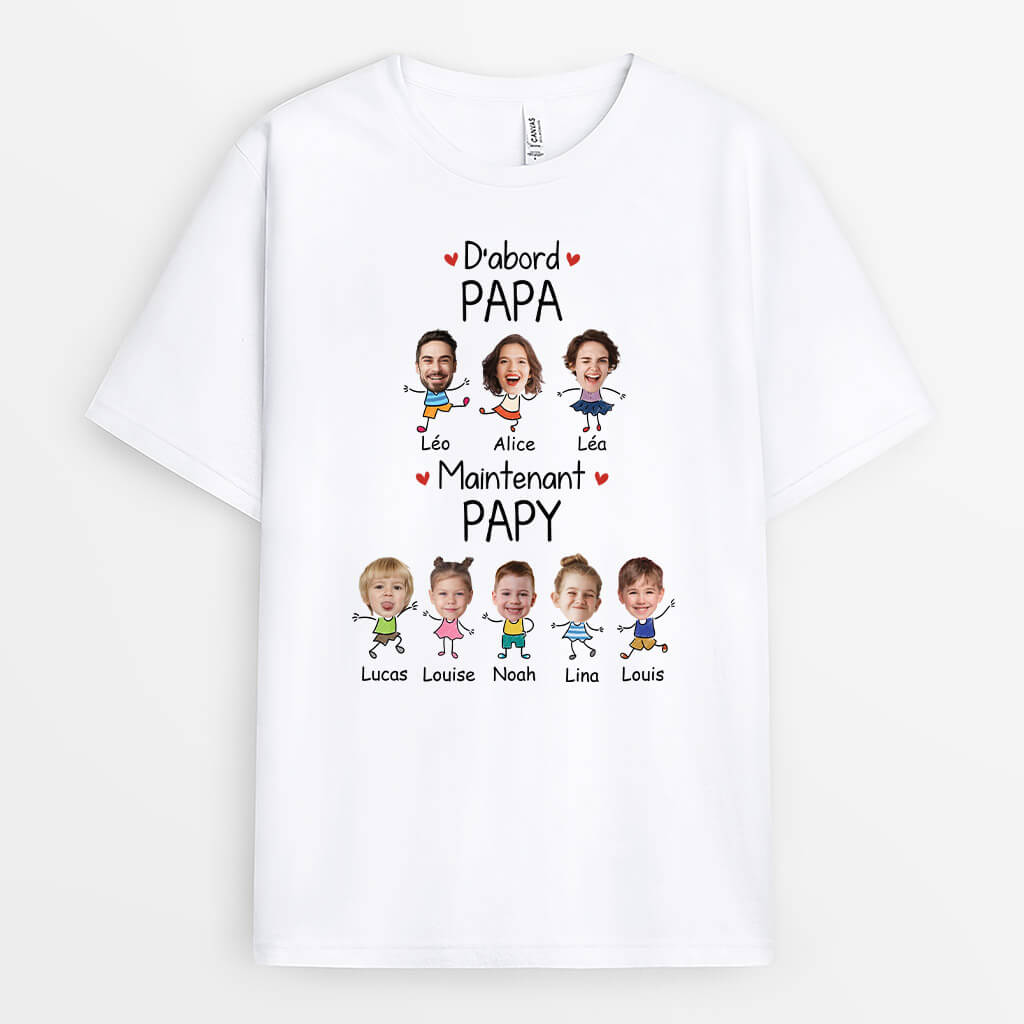 3152AFR2 dabord papa maintenant papy avec visages tee shirt chat personnalise