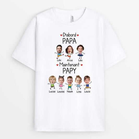 3152AFR2 dabord papa maintenant papy avec visages tee shirt chat personnalise