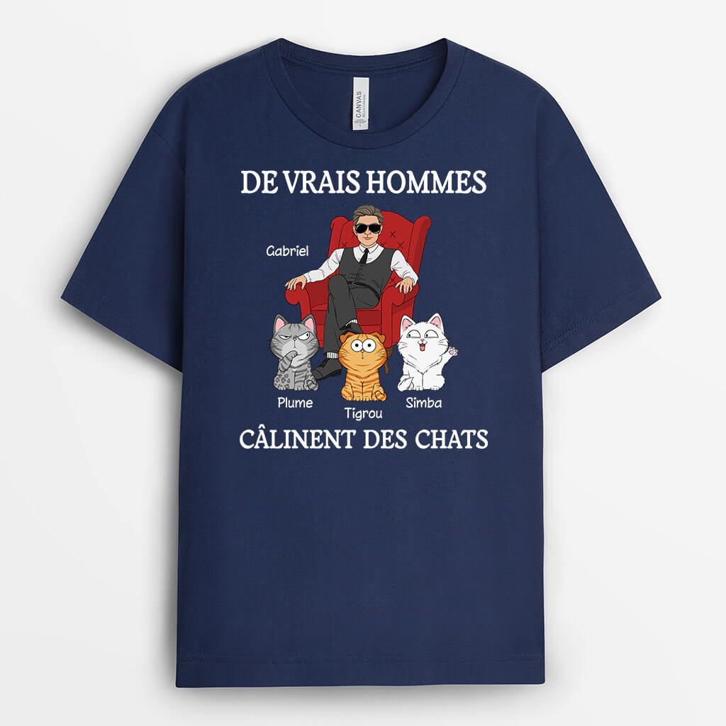 3189AFR1 les vrais hommes calinent des chats malins t shirt personnalise avec chat