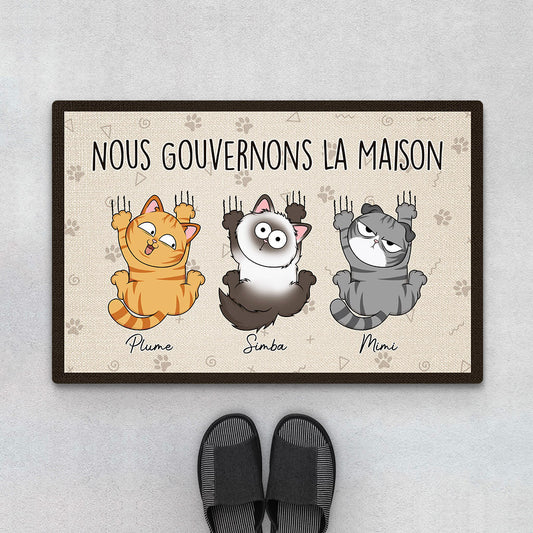 3202DFR1 nous gouvernons la maison version chats espiegles paillasson personnalise avec chat