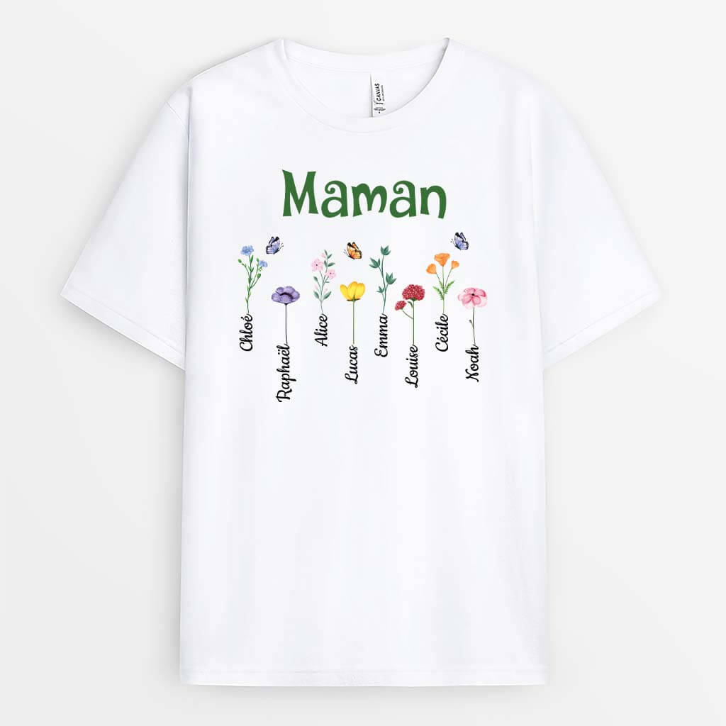 3219AFR2 mamie avec papillons et fleurs sauvages tee shirt personnalisable mamie