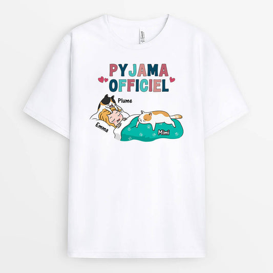 3220AFR1 pyjama officiel version chats dormant avec textes colores tee shirt avec des chats