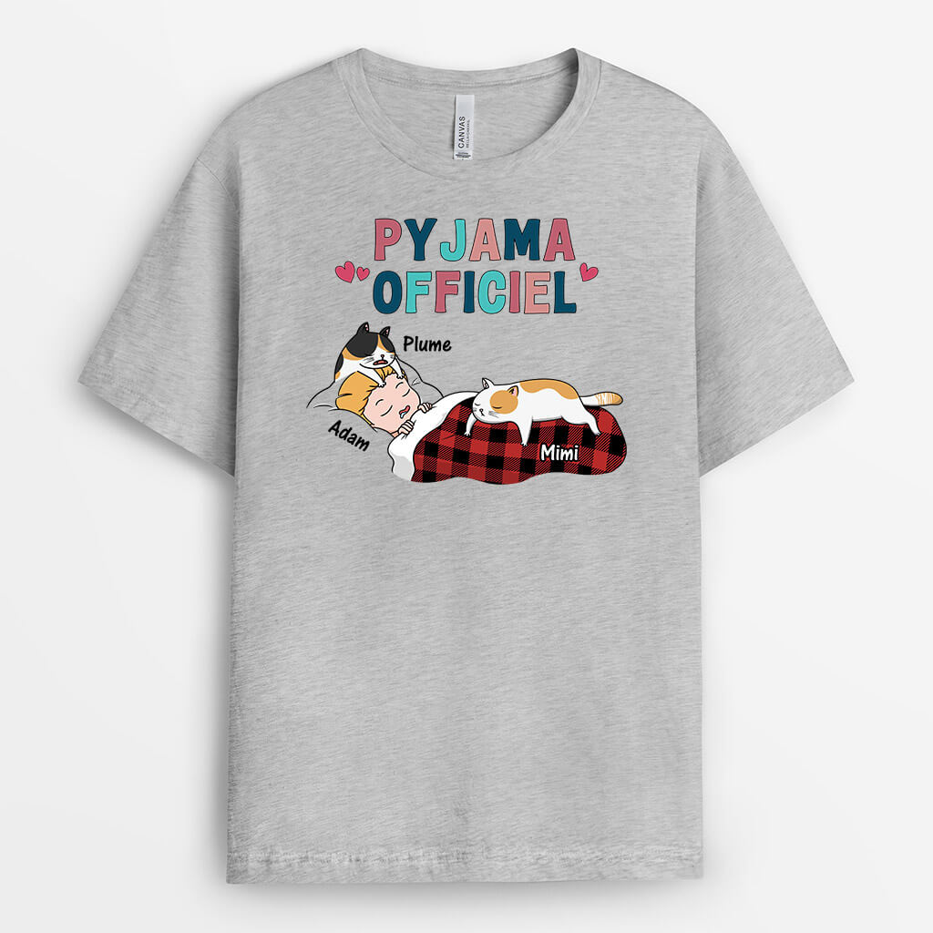 3220AFR2 pyjama officiel version chats dormant avec textes colores tee shirt avec des chats