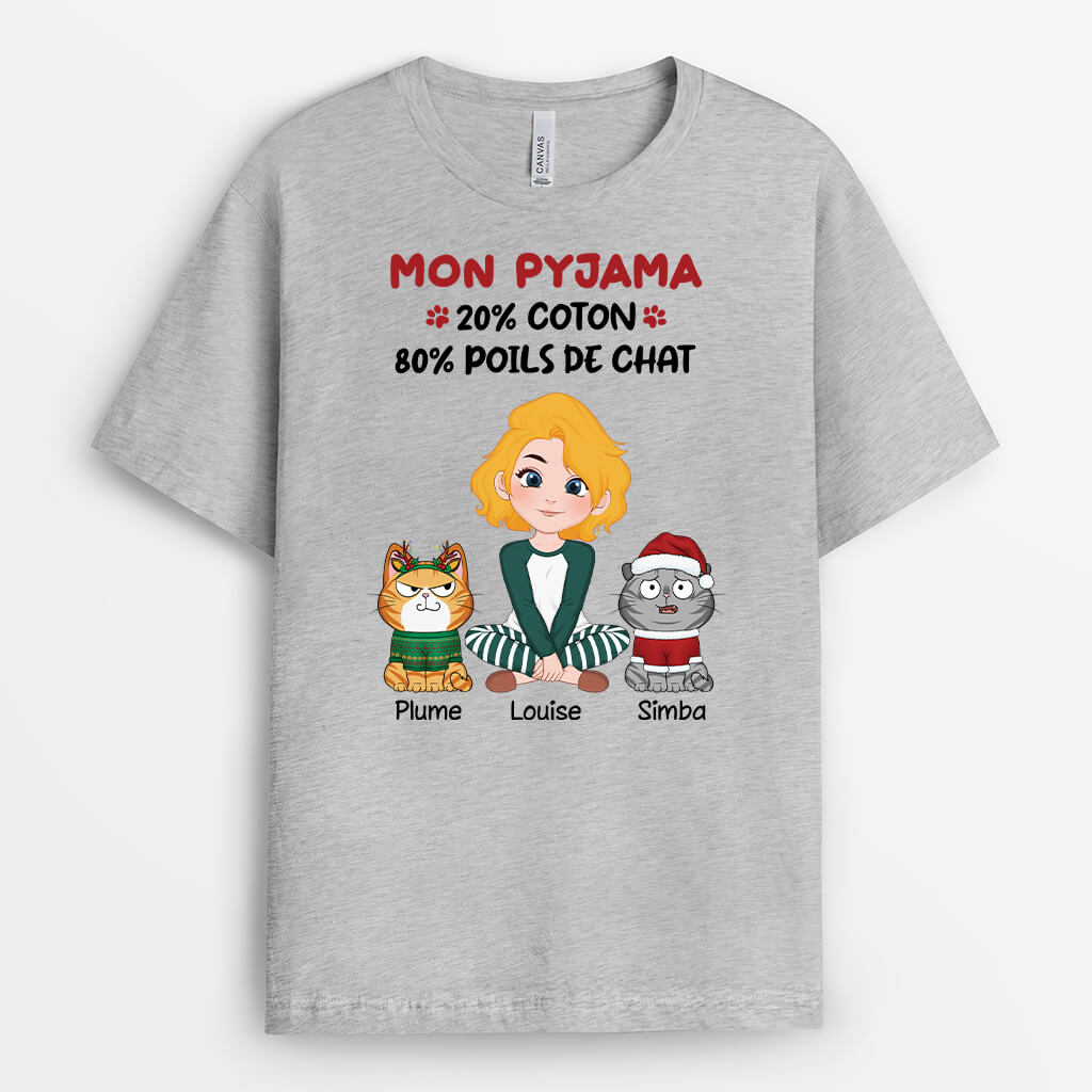 3233AFR1 mes pyjamas 20_ coton 80_ poils de chat version noel tee shirt personnalise chat