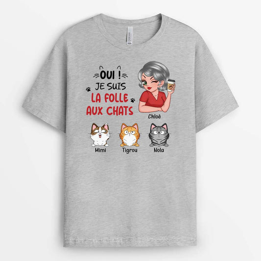 3244AFR2 je suis la folle aux chats tee shirt chat personnalise