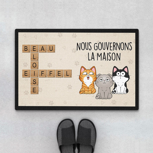 3259DFR1 nous gouvenons la maison version chat avec mots croises Paillasson personnalise chat