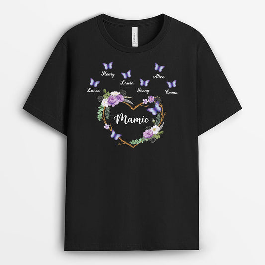 3298AFR1 mamie avec fleurs et papillons violets t shirt personnalise mamie