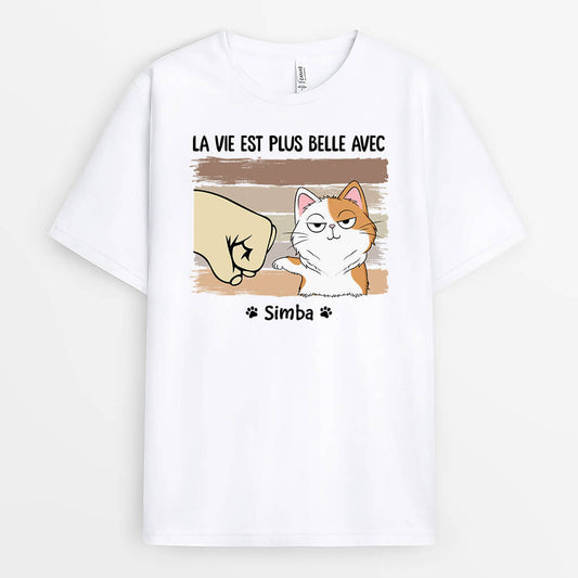 3314AFR1 la vie est meilleure avec mon chat tee shirt personnalise chat