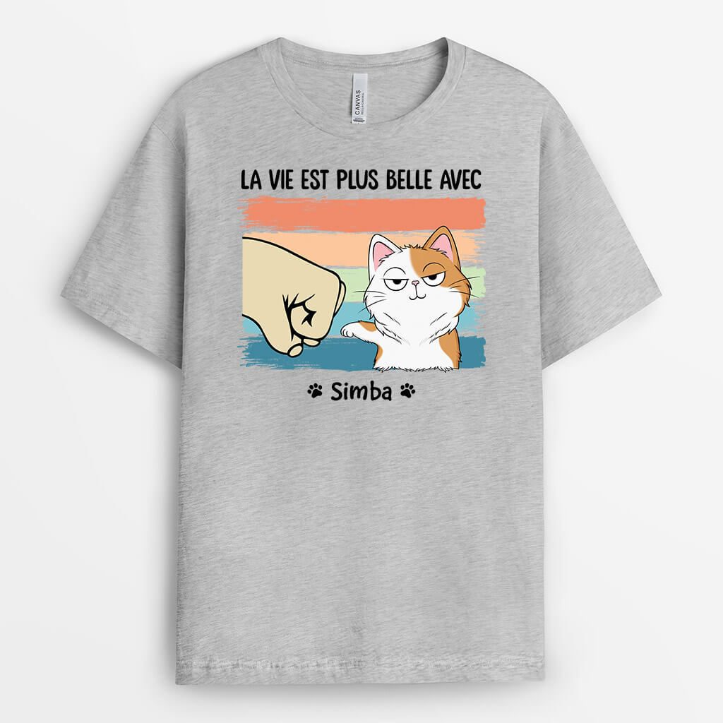 3314AFR2 la vie est meilleure avec mon chat tee shirt personnalise chat