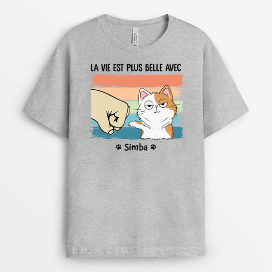 3314AFR2 la vie est meilleure avec mon chat tee shirt personnalise chat