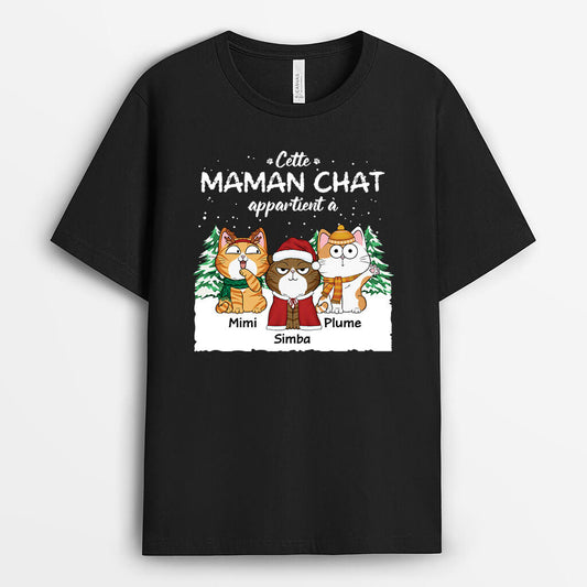 3322AFR1 cette maman chat appartient a la version avec de la neige a noel tee shirt avec des chats