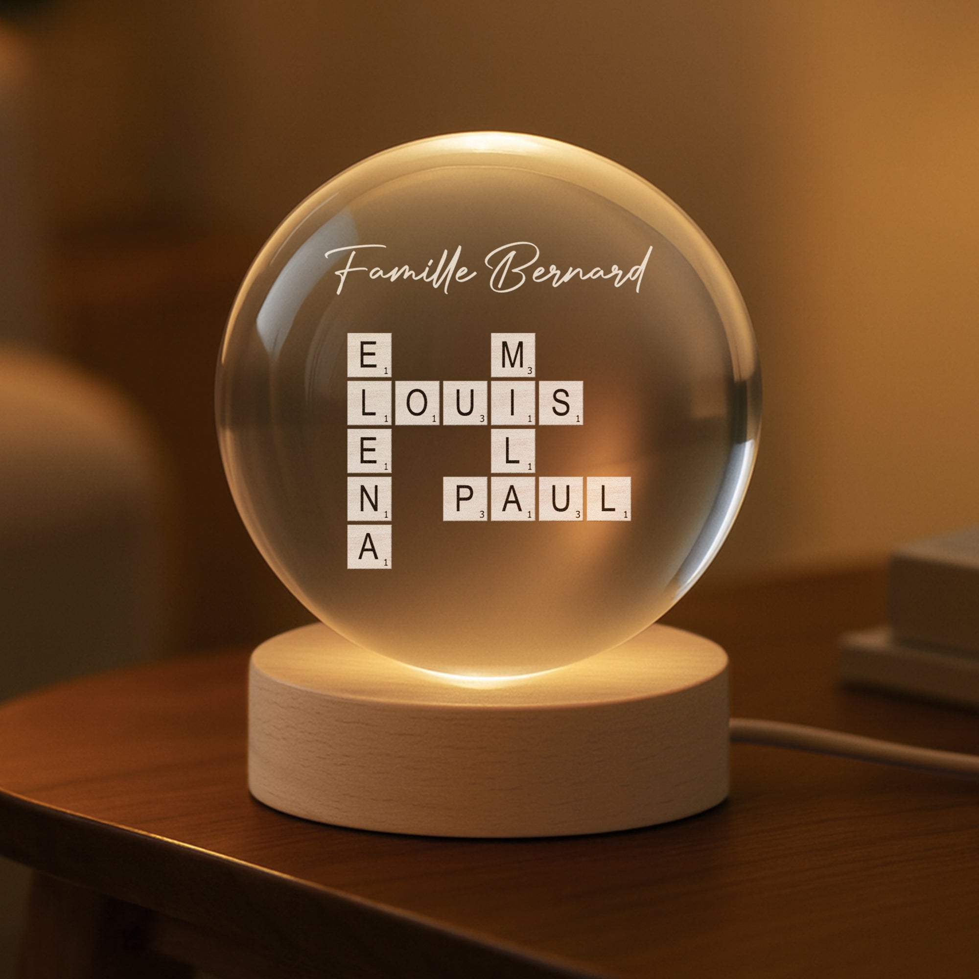 3370LFR2 veilleuse boule de cristal personnalisee la famille avec mots croises 3370ltp5i