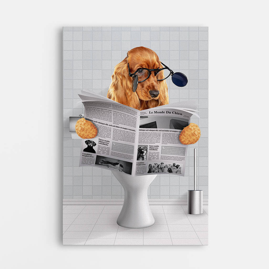 3372CFR1 chien assis sur les toilettes en lisant un journal toile personnalisable avec animaux