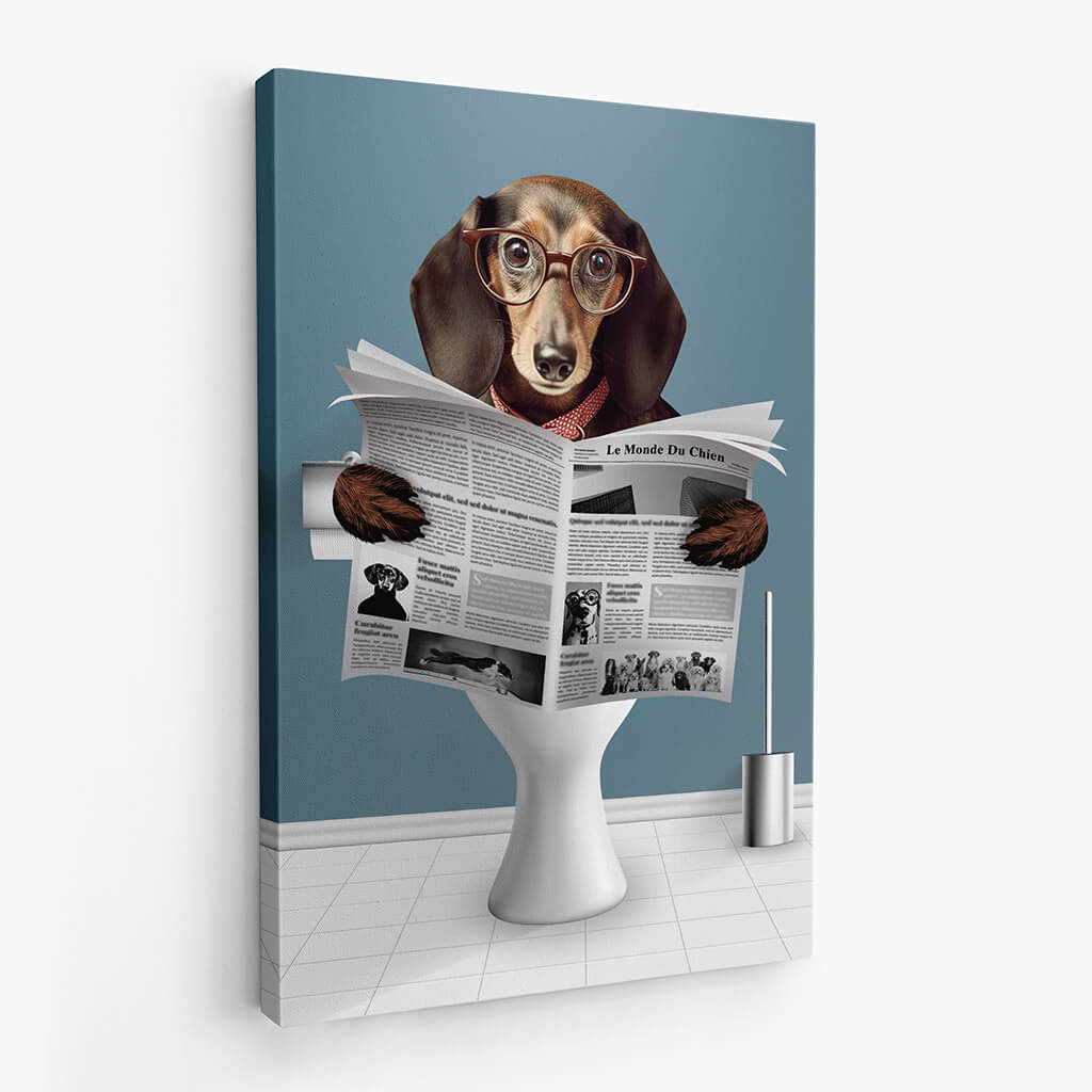 3372CFR2 chien assis sur les toilettes en lisant un journal toile personnalisable avec animaux