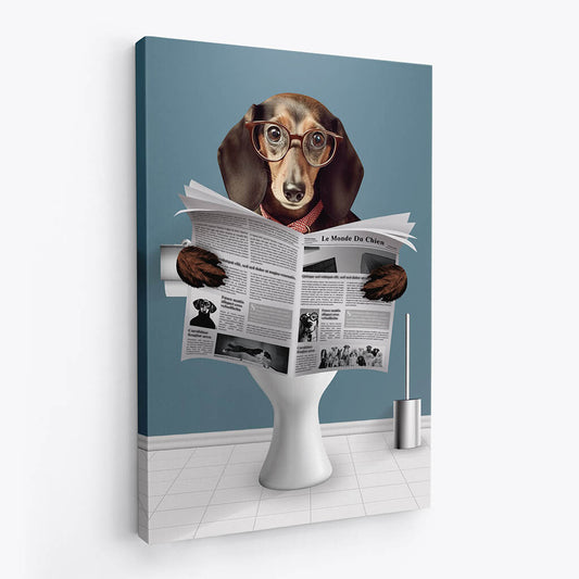 3372CFR2 chien assis sur les toilettes en lisant un journal toile personnalisable avec animaux