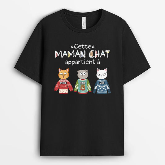 3374AFR1 cette maman appartient aux chats portant les pulls de noel tee shirt avec des chats pour noel