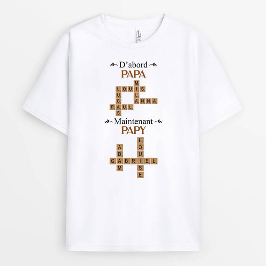 3377AFR1 dabord papa maintenant papy avec mots croises t shirt papy personnalise