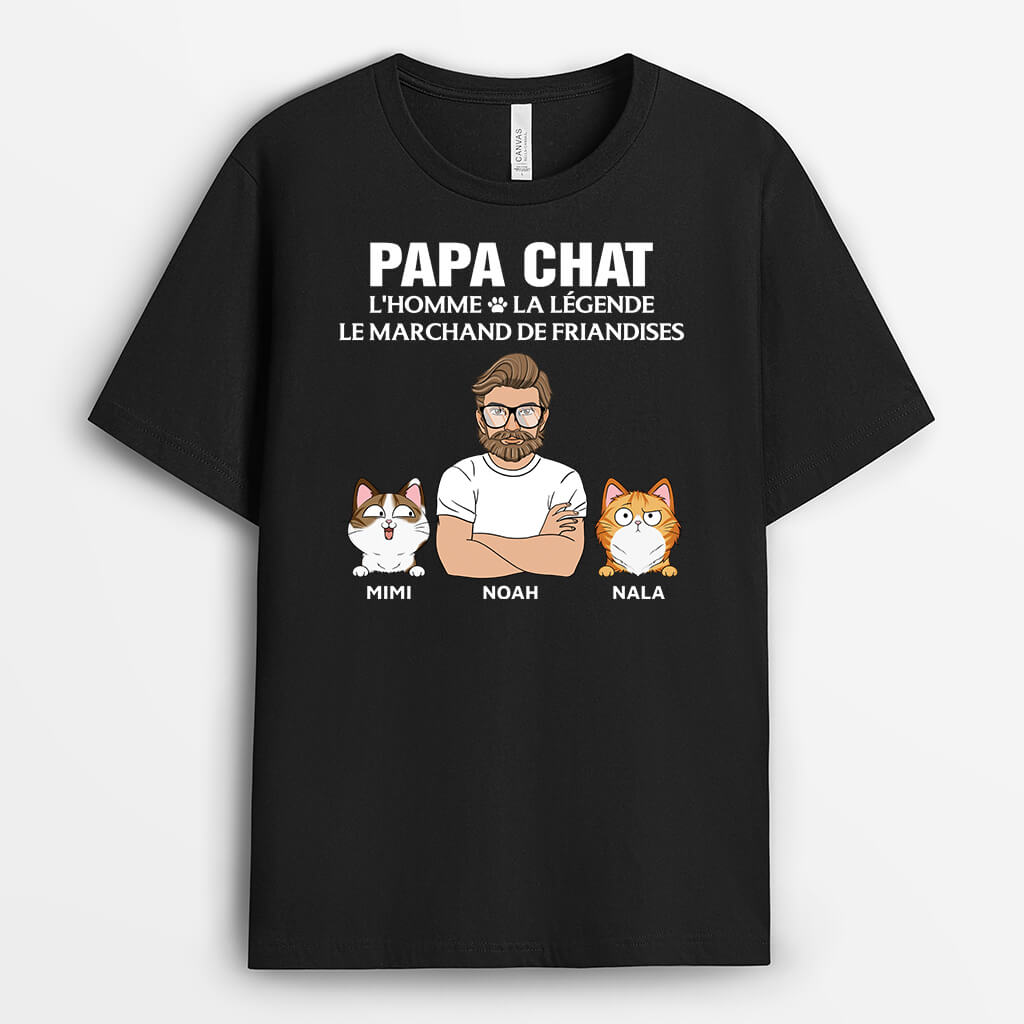 3388AFR1 papa chat le marchand de friandises tee shirt avec des chats