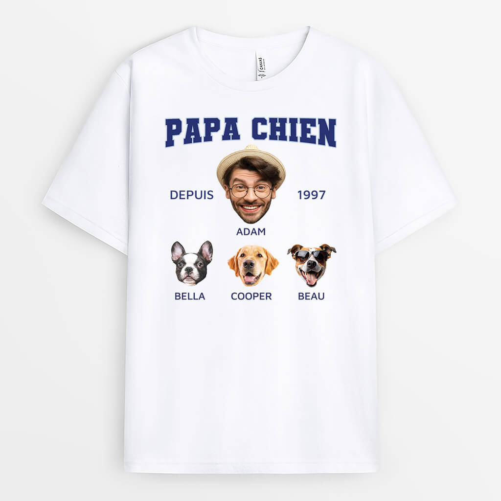 3393AFR1 papa chien avec visage et lannee de naissance t shirt chien personnalise