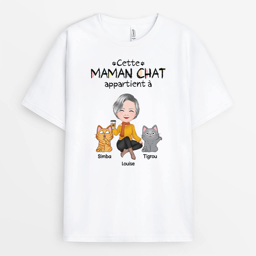 3412AFR1 cette maman chat appartient a avec chats mignons tee shirt chat personnalise