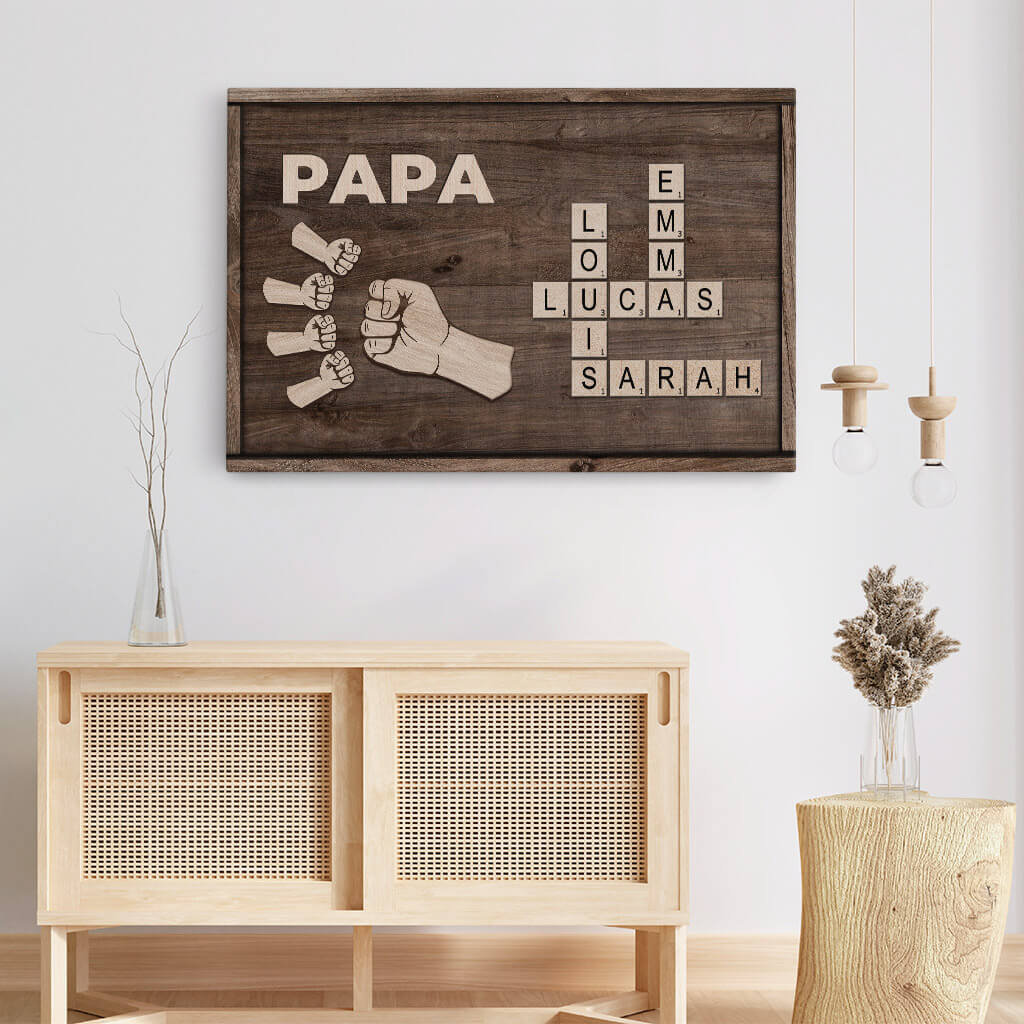 3440CFR3 papa version bosse de poing et mots croises toile personnalisee papa